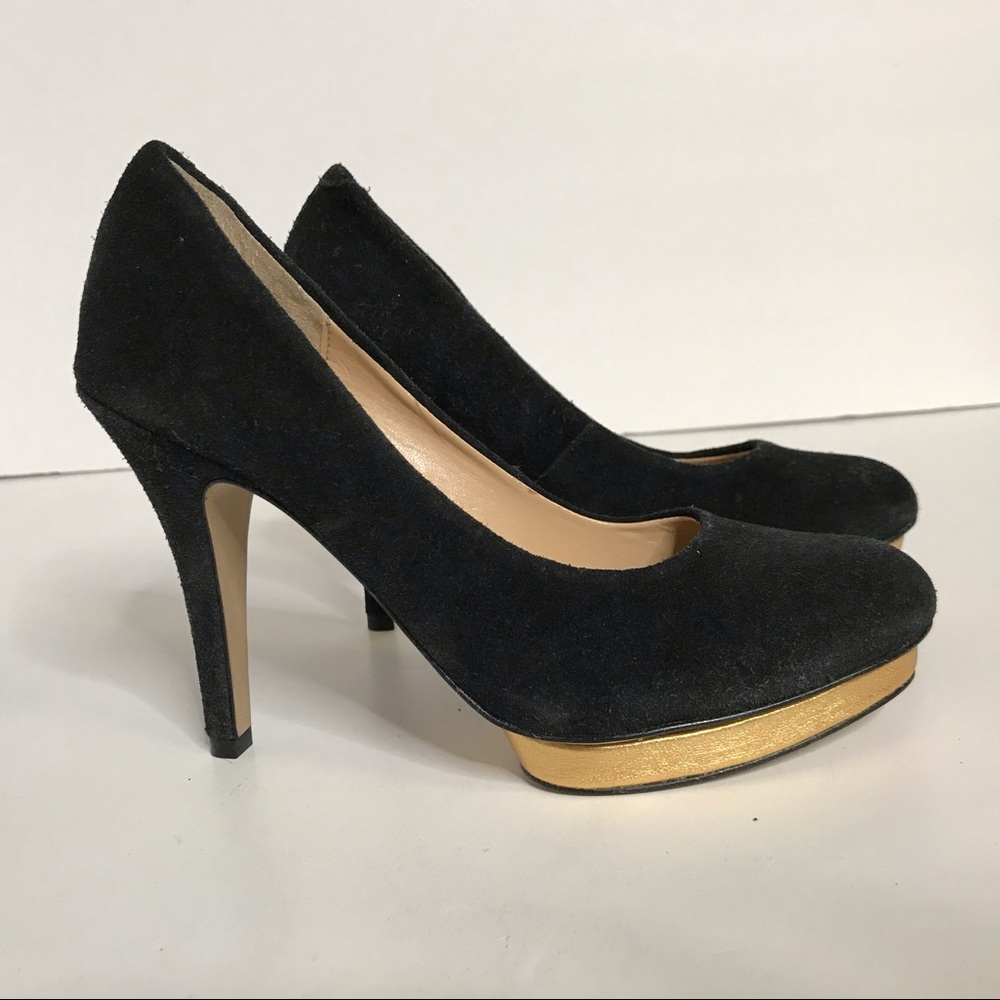Rowen 4” Stiletto Heels Black Suede 7M Gold Trim